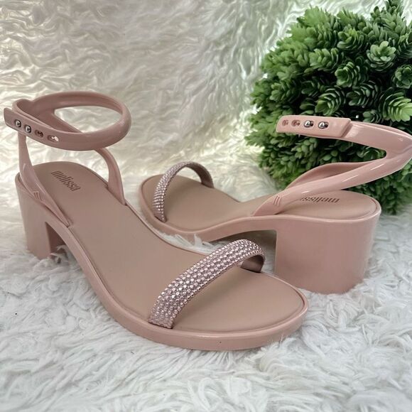 MELISSA Pink Blush Block‎ Heel Sling Back Sandals Faux Rhinestone Strap sz 8 New - Picture 1 of 8